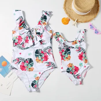 

Flower Mother Daughter Swimsuit Family Look One-Piece Mommy and Me Matching Swimwear Clothes Mom Mum Baby Women Girls Bath Suits