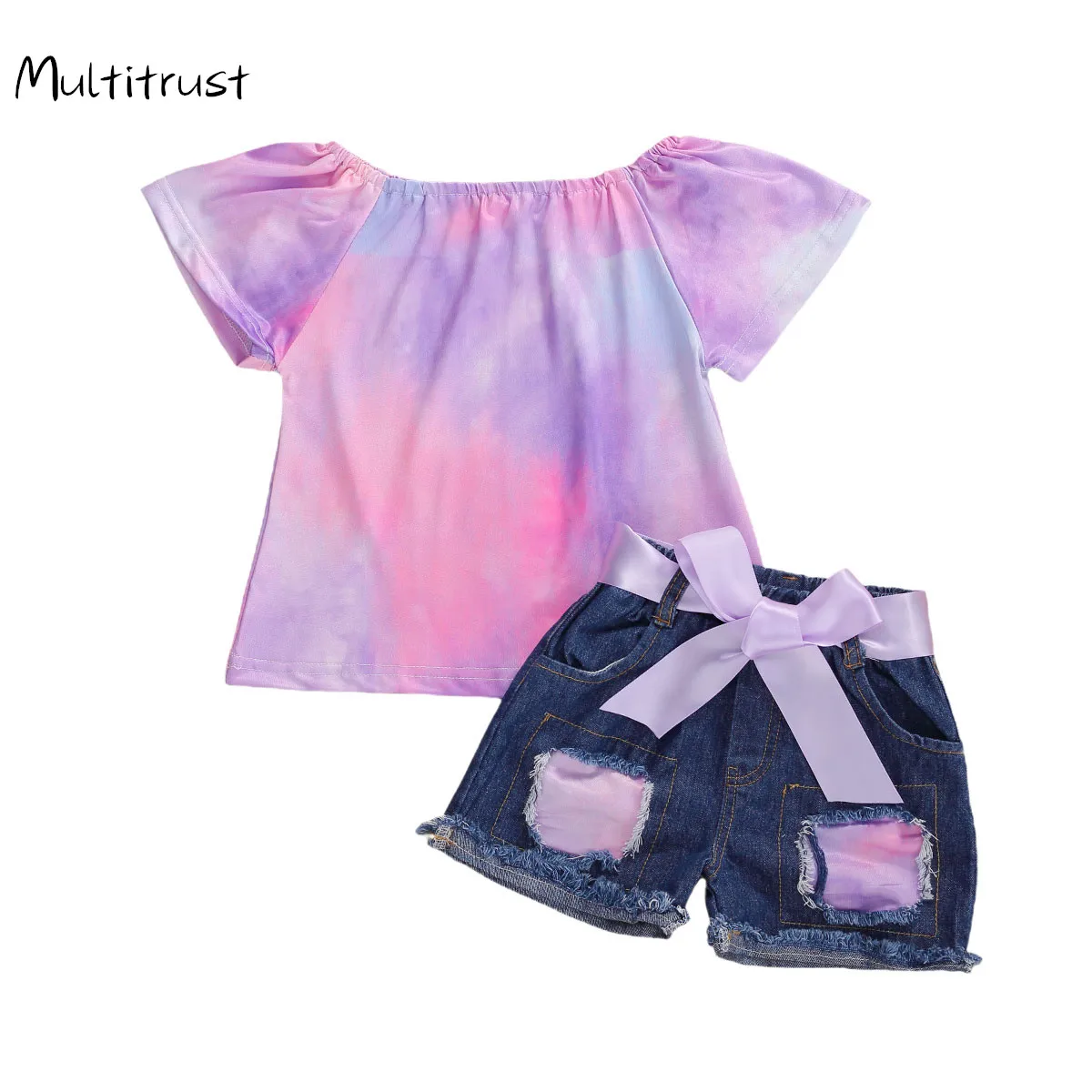 

2020 Baby Summer Clothing Infant Kids Baby Girl Tie dye Clothes set Colorful Shirt Tops Ripped Hole Denim Bottoms