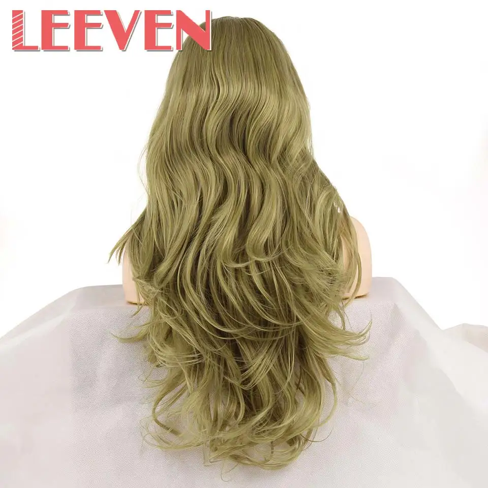 Зеленый Leeven 24 ''Розовый Оранжевый Фиолетовый парик фронта шнурка медный красный длинные волнистые синтетические парики с детскими волосами 613 блонд имбирный парик - Цвет: Зеленый