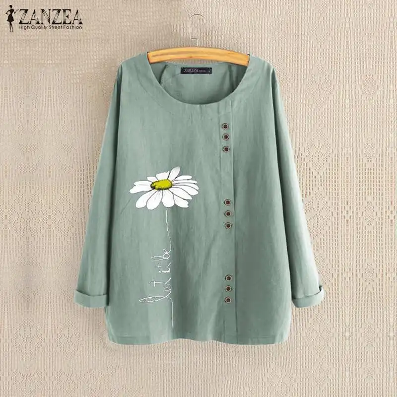  2019 ZANZEA Women's Autumn Printed Blouse Elegant Cotton Tunic Daisy Tops Long Sleeve Shirt Female 