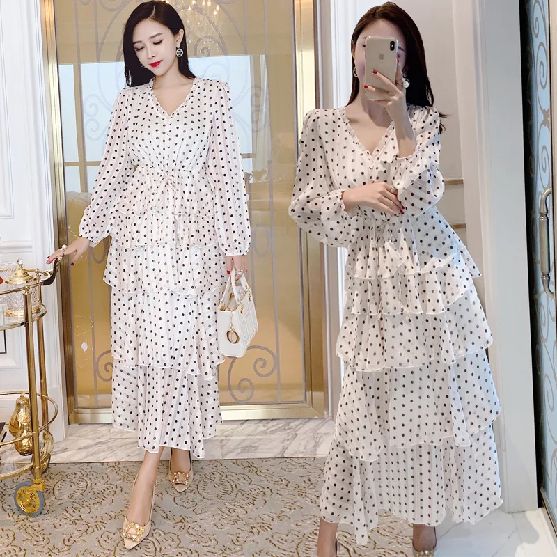 

2019 Europe And America Autumn New Style CHIC Retro Polka Dot Chiffon Waist Hugging Slimming Dress Women's Immortal Cake Dress