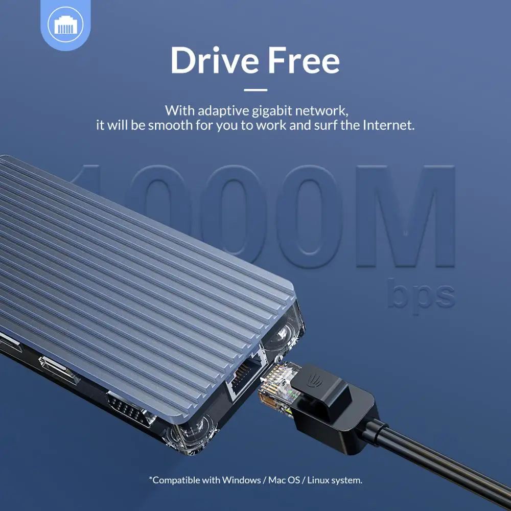 Orico-hub Usb tipo c para Múltiplas Entradas Usb 3.0 pd Rj45 Leitor de Carder Dock Splitter para pc Macbook Pro Acessórios - Imagem 2