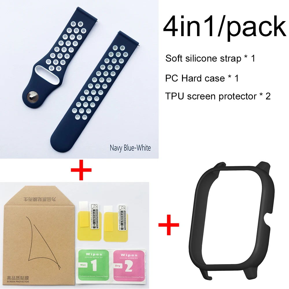 Navyblue white-black 4в1 для Xiaomi Huami Amazfit GTS спортивный силиконовый ремешок для часов Ремешок Браслет с PC чехол Защита экрана - Color: Navyblue white-black