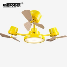 Детский деревянный потолочный вентилятор с желтым и синим светодиодный светильник для детей, детского сада, спальни, мультяшный креативный вращающийся на 360 градусов