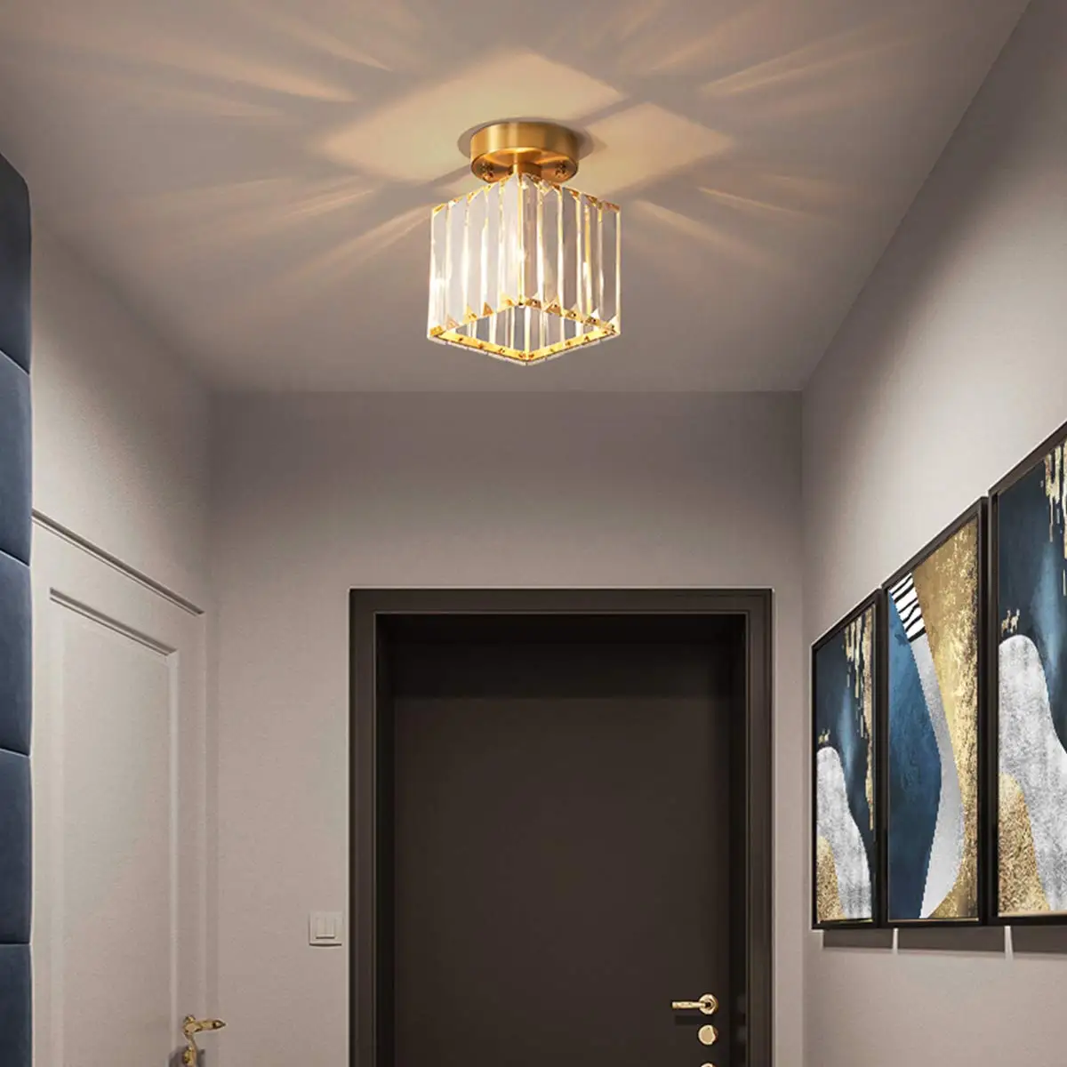 Ganeed Современная полузаподлицо кристальная лампа для потолка стеклянная потолочная лампа мини-лампа для прихожей Entryway спальни, квадратная Золотая