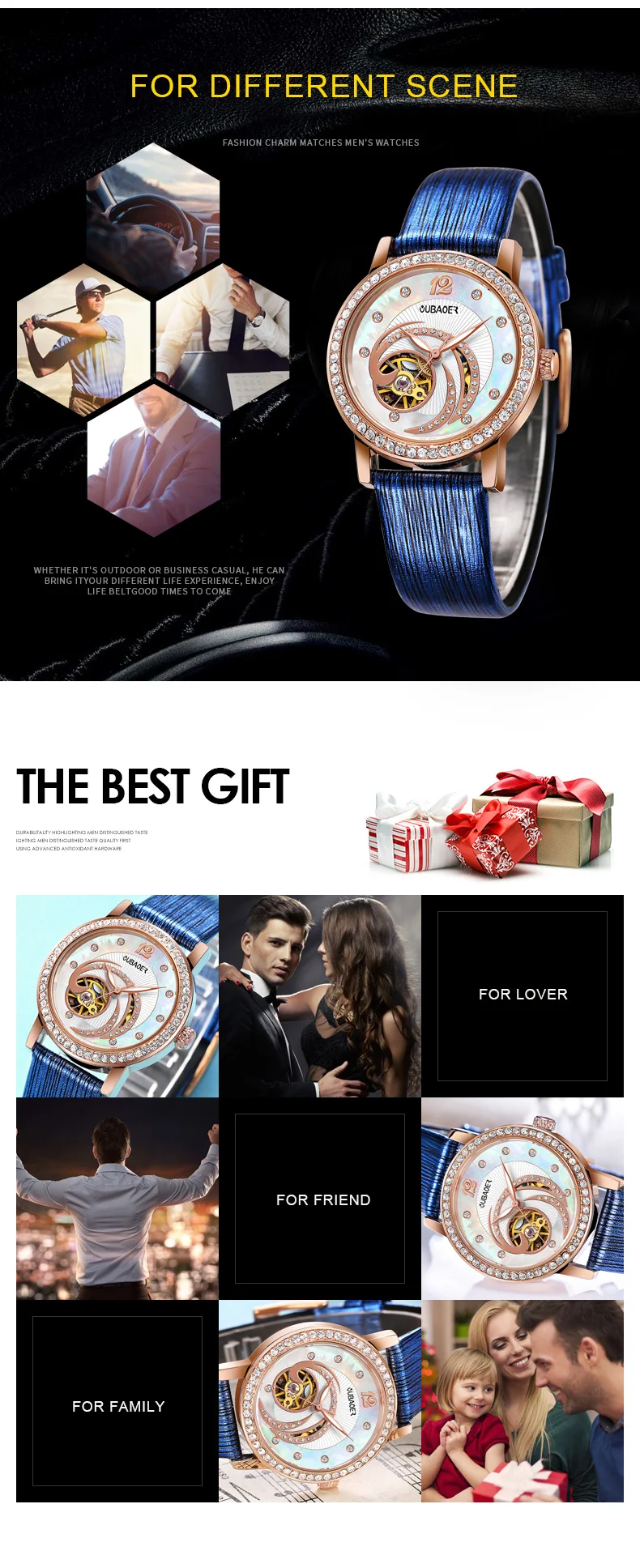 OUBAOER Women Bracelet Watches Ladies Mechanical Automatic Wristwatches Leather Strap Diamond Dial Luxury Fashion Female Watch