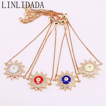 

8Pcs Micro pave Cubic Zirconia Adjustable Chain Gold Color Sunflower Shape Enamel Eye Bracelet Charm For Women Jewelry