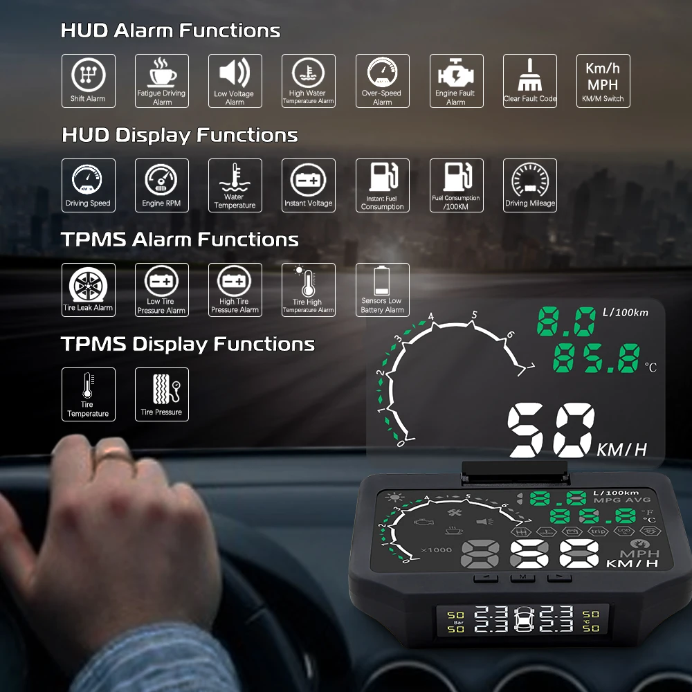 

HA-X30 HUD + TPMS 2in1 Tire Pressure Monitoring System tmps Tire pressure Sensors TPMS Sensor Car Alarm Tyre Pressure Monitoring