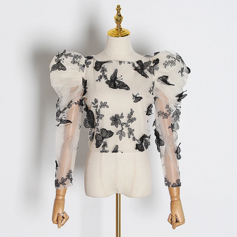 GALCAUR Женская сетчатая рубашка с вышитыми бабочками и круглым вырезом, топ с пышными рукавами, модная женская блузка, новая одежда