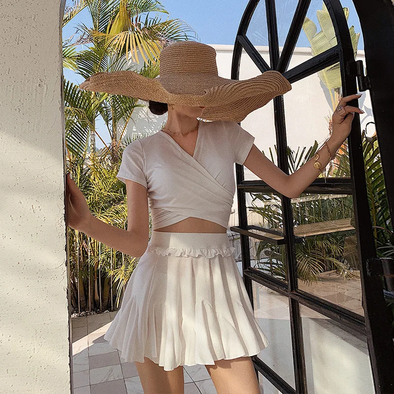 

Tankini Swimwear For Women Two Piece Swimsuit New Surfing Swimsuits Pieces Korean Girl Push Uping Short Long Sleeve Split Skirt