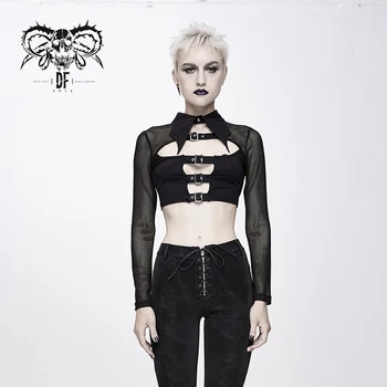

Devil Fashion Women's Punk Sexy Short Shirt Personality Hollow Out Net Splice Cotton Stage Performance Costume