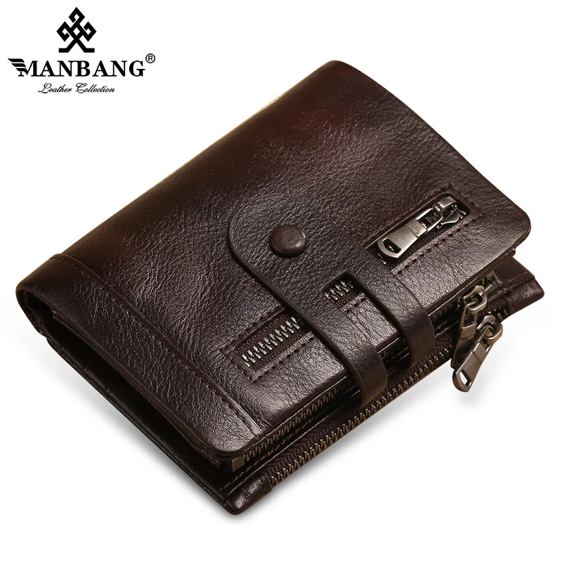 

ManBang 2022 New 100% Genuine Leather Men Wallet Coin Purse Small Mini Card Holder Chain PORTFOLIO Portomonee Male Wallet Pocket