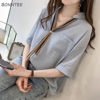 

Shirts Women Summer Thin Solid Loose Leisure Pockets Korean Style V-neck Ladies Short Sleeve Blouses All-match Elegant Womens