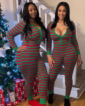 

2020 Winter Autumn New Casual Women's Christmas Jumpsuits Sleepwear Homewear Pajamas Ladies Striped V-neck Rompers Xmas Costumes