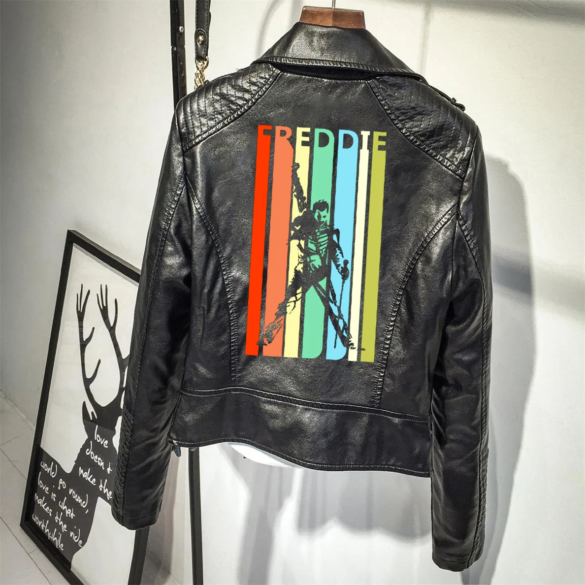 

Freddie Print PU Leather Jackets Women Queen Freddie Mercury Leather Coat