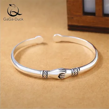 

New Retro Personality 925 Sterling Silver Fashion Jewelry Bangles Opening Handshake Creative Friendship Peace Bracelets B47