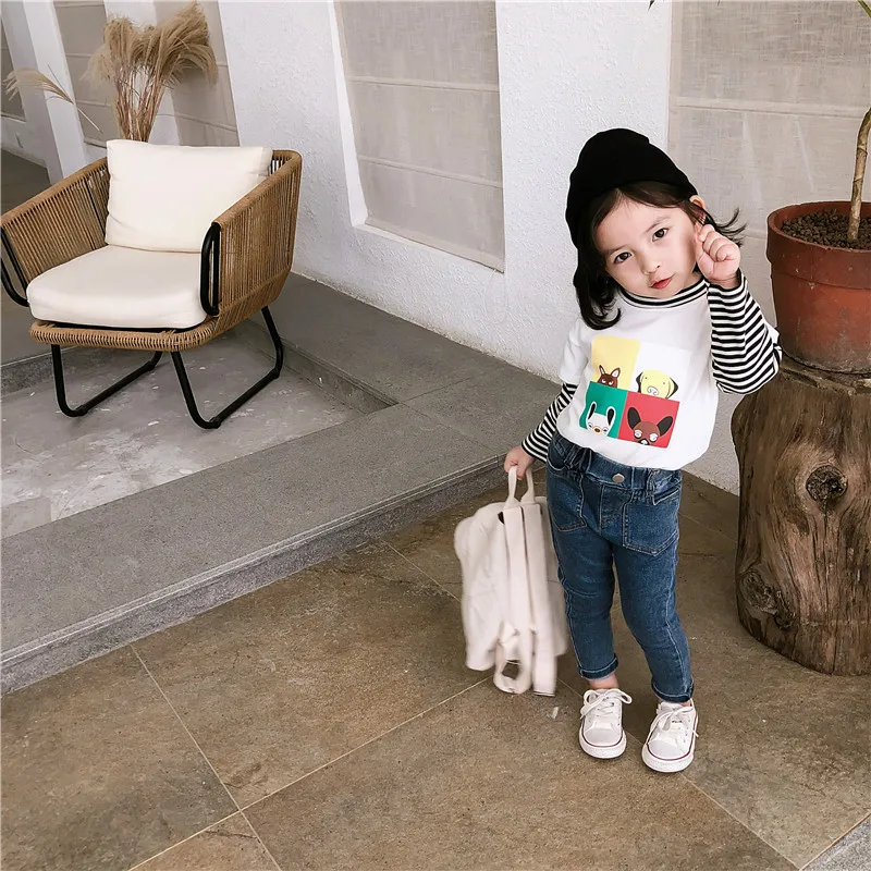 

2019 Autumn New Arrival Korean style cotton cartoon printed striped long sleeve all-match t-shirt for fashion baby girls boys