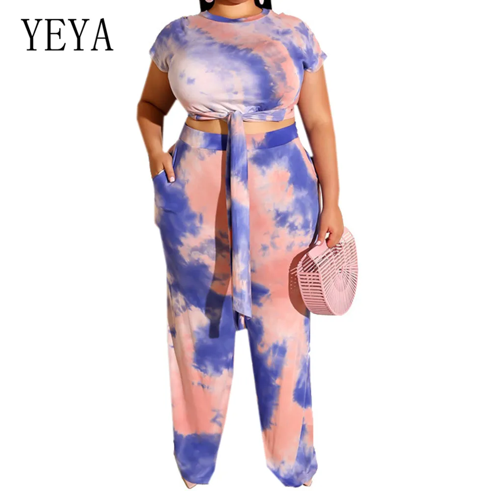 

YEYA Women's Tight-fitting Umbilical Tie-dye Playsuits Large Size 4XL 5XL Summer O Neck Short Sleeve Casual Two Pieces Jumpsuits