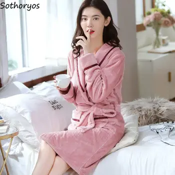 

Women Robes Solid Autumn Winter Coral Fleece Plus Velvet Warm Soft Comfortable Bathrobes Womens Loose Simple Homewear Elegant