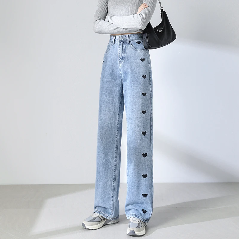 

2021 New Jeans Sweet Heart Embroidery Straight Jeans For Girls Leisure Women's Loose Denim Wide Leg Pants Pantalon Pour Femme