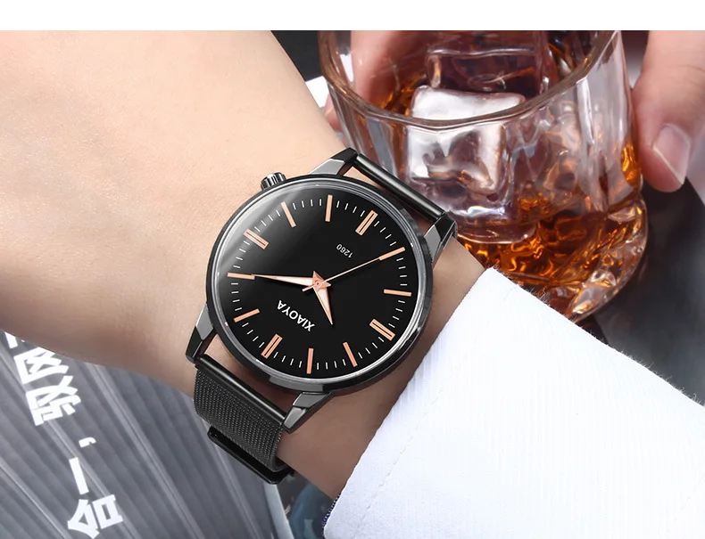 Роскошные брендовые уникальные дизайнерские часы для пары, водонепроницаемые кварцевые наручные часы из нержавеющей стали с сеткой, парные часы - Цвет: men-black