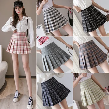 

Pleated Plaid Skirt Woman Skirt High Waist A line Skirt 2020 Spring Summer New Wild Short Skirt Anti-light Skirt Safety Pant S L
