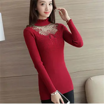 

Autumn Winter Sweaters Women Burgundy Embroidery Lace Hollow Pullovers Slim Knitted Slim-fit tight Sweater Female Tops
