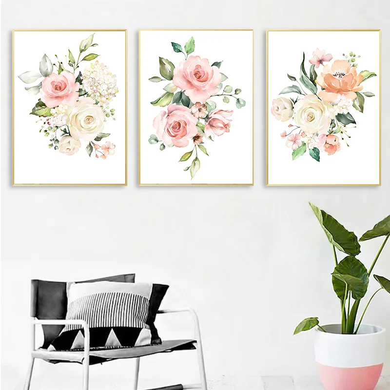 

Canvas Painting wall art Blush Pink and Mint Floral Pictures Art Print Posters for Girls Living Room Home Decoration