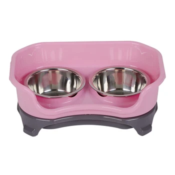 

Pet Stainless Steel Anti-Drop Double Bowl Higher Splash Proof Baffle Anti-Sliding Dog Dishes for Pet Dog Cat Feed-Pink
