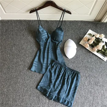 

Summer New Ice Silk Thin Section Women Pajamas With Chest Pad V-Neck Sexy Spaghetti Strap Shorts Twinset Sleepwear