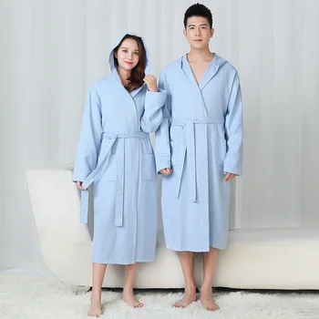 

Autumn New Lovers Waffle Robe Long Sleeve Kimono Gown Casual Hooded Sleepwear Couple Loose Nightwear Soft Home Clothing