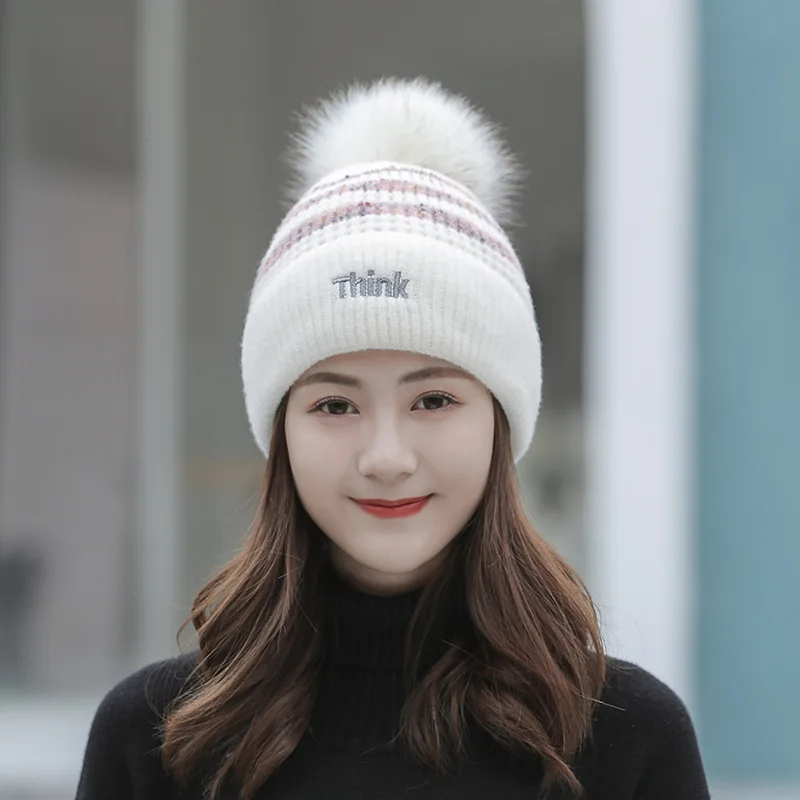 Women Winter Thicken Alphabet embroidery Flanging Warm Ear protectors Little bee Pompom knit hat Female Skull Beanies cap Z205 - Color: White01