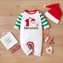 my first christmas boy Infant Baby Boys Girls Christmas Cartoon Santa Striped Print Romper Jumpsuit+Hat conjunto infantil menina
