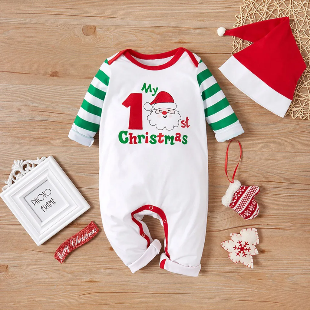 

my first christmas boy Infant Baby Boys Girls Christmas Cartoon Santa Striped Print Romper Jumpsuit+Hat conjunto infantil menina