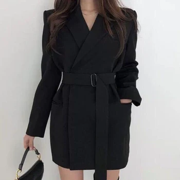 

ZCSMLL Korean Ins Retro Temperament Was Thin Lapel Tie Waist Straight Double Pocket Casual Suit Short Jacket Female