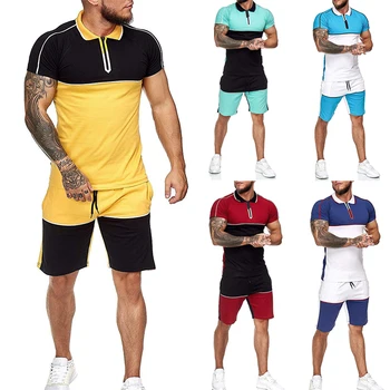 

Men's short sportswear suit Men's slim running suit lapel shirt + shorts sportswear
