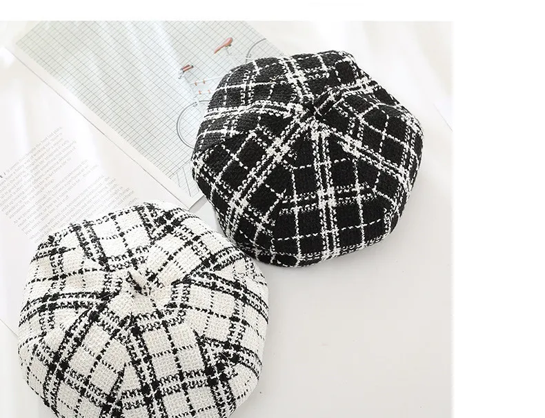 Casquette осень-зима новые черно-белые клетчатые береты Женские Британские художники шляпы восьмиугольная кепка