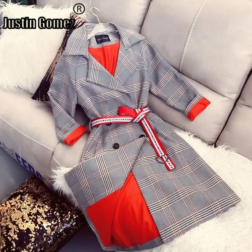 

The Plaid Windbreaker Female Long Korean Contrast Color Long Sleeve Vintage Outwear Turn-down Collar Women Trench Coat