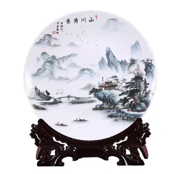 

Art Ceramic Ornamental Plate Chinese Landscape Plate Decoration Plate Wood Base Chicken Porcelain Plate Set Wedding Gift