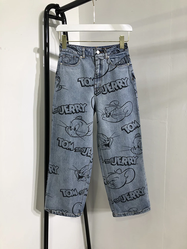 FREE SHIPPING Korean Jeans Cat And Mouse Print JKP4382
