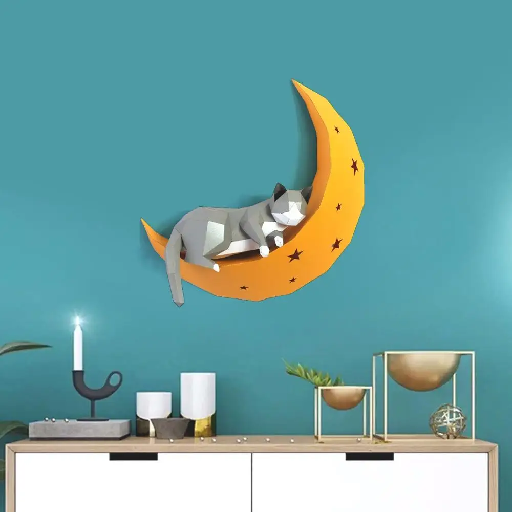 Billig 3D Katze Auf Mond Tier Papier Wand Kunst Skulptur Modell Spielzeug Wohnkultur Wohnzimmer Decor DIY Papier Handwerk Modell party Geschenk