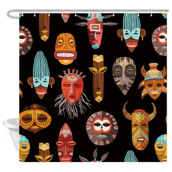 

African Shower Curtain West Decor, African Ritual Ethnic Tribal Masks Bath Curtains, Fabric Bathroom Curtains Accessories 12PCS