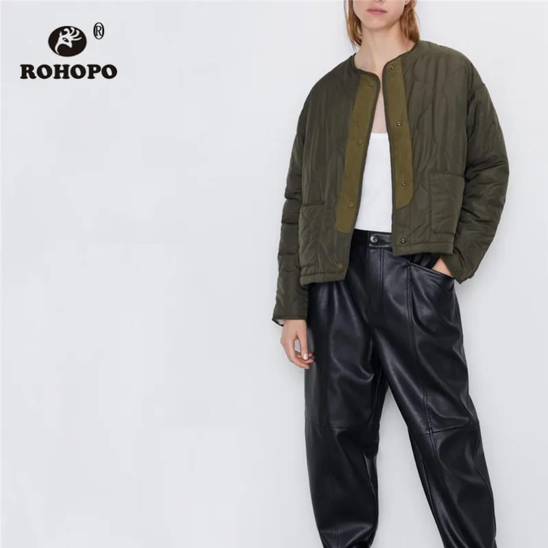 

ROHOPO Round Collar Long Sleeve Double Size Parkas Coat Buttons Fly Fleece Lining Side Welted Pockets Thickness Thin Coat #19167