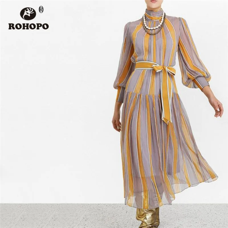 ROHOPO Vertical Wide Striped Double Layers Autumn Runway Midi Dress Turtleneck Buttons Cuff Bow Waistband Maxi Vestido #6961