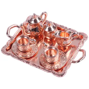 

Dollhouse Miniature 1: 12 Toy 8 pcs Metal Tea Set Length 6.5cm Rose gold