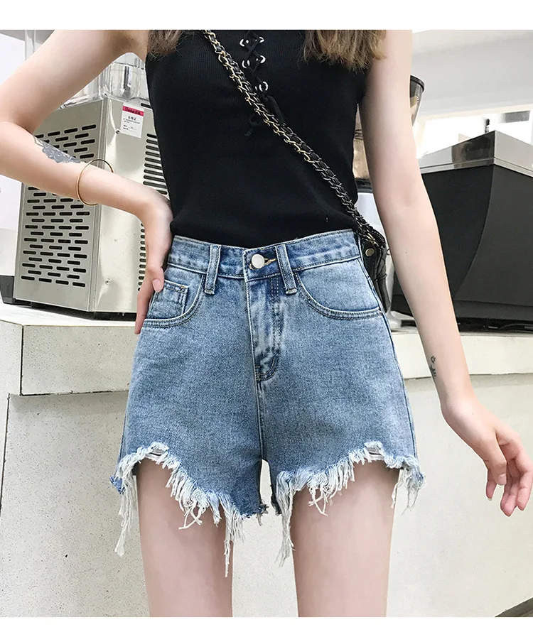 Распродажа онлайн знаменитостей, женские джинсы, Необычные Брюки с широкими штанинами, летние модные студенческие шорты с высокой талией Slimmin
