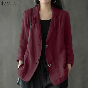 

2020 Autumn Thin Blazer Elegant Work OL Suit Blazers ZANZEA Women Solid Long Sleeve Cotton Linen Coats Female Jackets Outwear