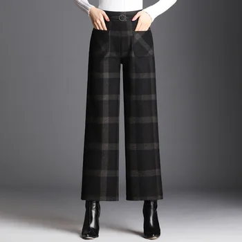 

High Waist Wide Leg Pants Women 2020 Winter Warm Office Ladies High Quality Vintage Plaid Houndstooth Straight Trousers Female