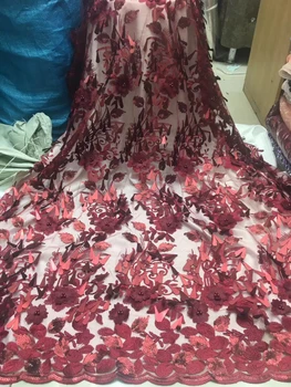 

Hot Sale Red Sexy Embroidered Mesh Lace Fabrics Beaded French Lace 3D Appliqued Fabrics Sequins Net Lace Fabrics FJ2826
