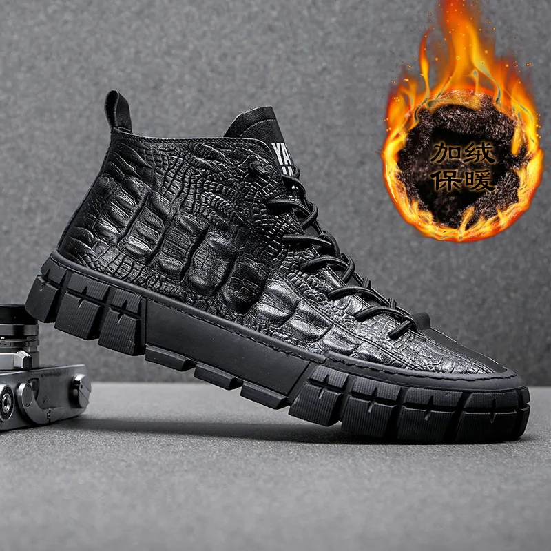 Men Leather Casual Shoes Crocodile Print Men High Tops Spring Autumn Flat Shoes Cool Leisure Sneakers Loafers